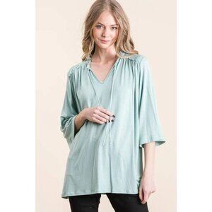 3/4 Sleeve Ruffle Tunic Top Green Women's Shirt Large